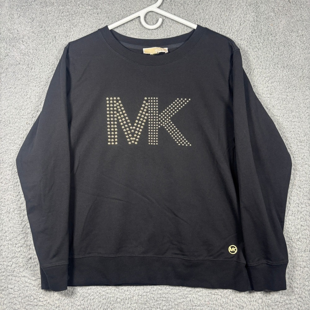 Michael Kors Sweatshirt Women L Black Studded MK Logo Crewneck Long Sleeve Top